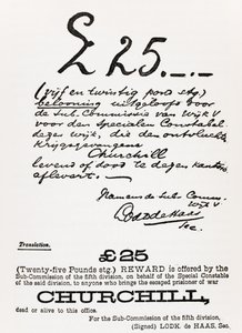 Cartaz de procurado do prisioneiro de guerra fugitivo Churchill, de "A Roving Commission de Winston S. Churchill", publicado pela Scribner&39;s, 1930
